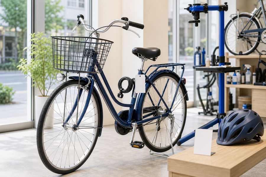 自転車専門店で整備済みの車体を受け取るイメージ
